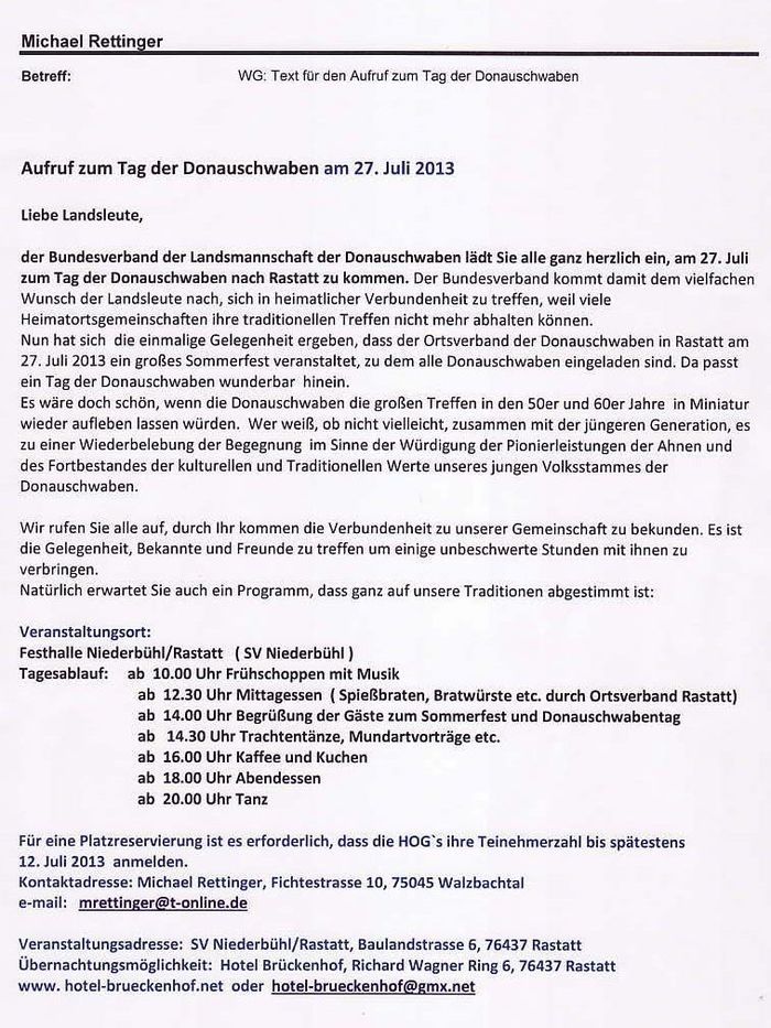 Einladung zum Tag der Donauschwaben