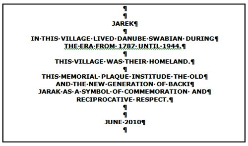 Picture 2.1: The text on the Jarek Commemorative Plaque inthe community house in Bački Jarak.